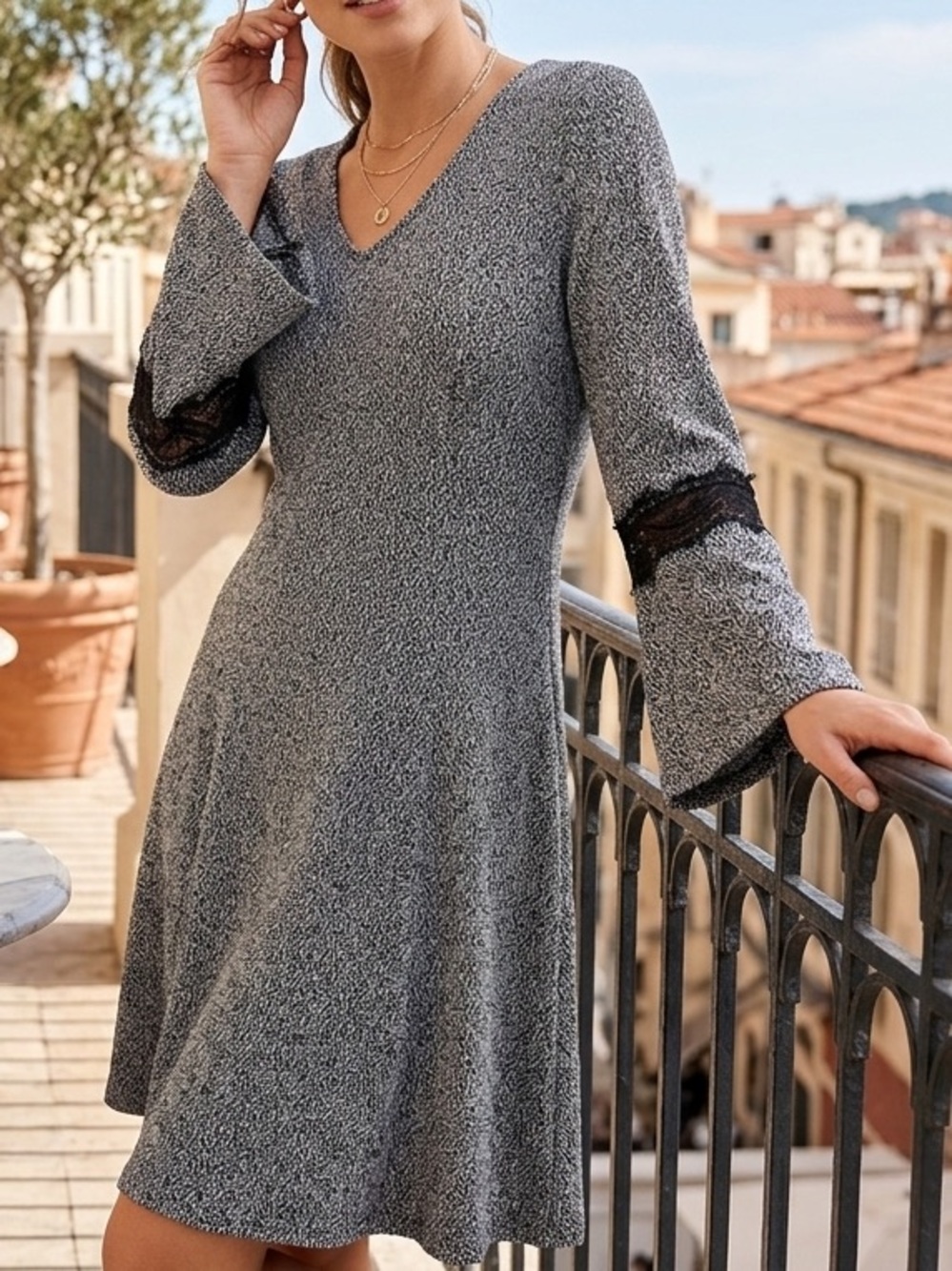 Elle Gray V-Neck Long Sleeve A-Line Dress with Black Lace Trim